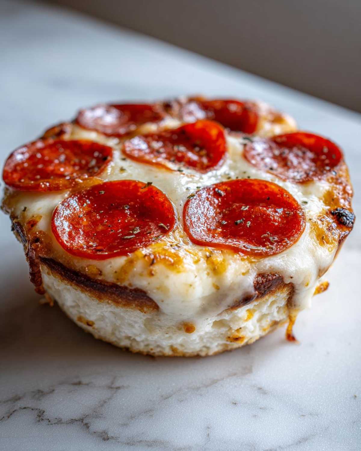 Close-up of a baked cottage cheese pizza bowl topped with melted mozzarella and pepperoni slices.