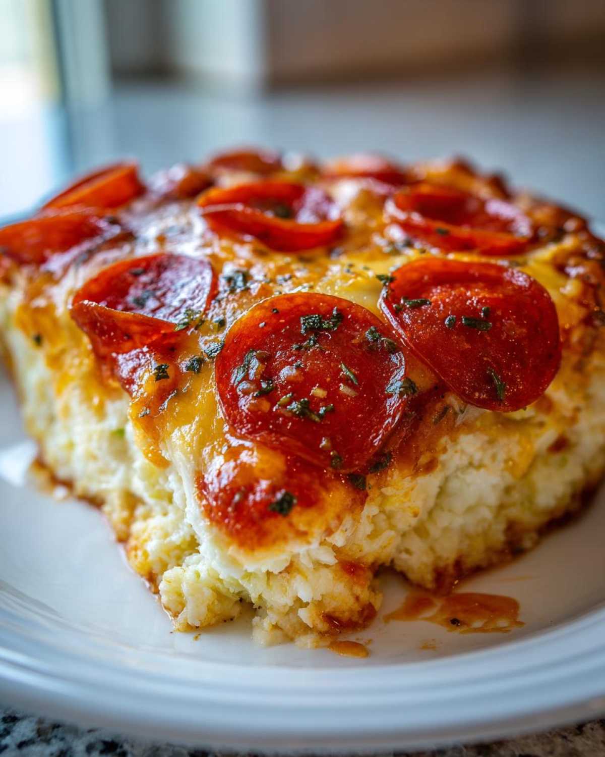 Close-up of a thick slice of cottage cheese pizza bowl topped with melted cheese and pepperoni.