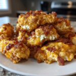 A pile of golden brown Crack Chicken Tenders topped with melted cheddar cheese and crispy bacon bits on a white plate.