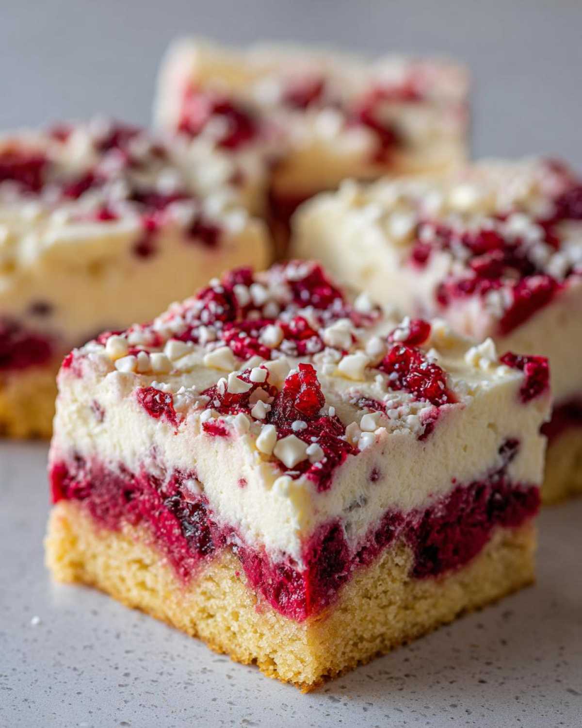 A square slice of Cranberry Bliss Bars showing a cake base, a thick layer of white frosting with cranberries, and white chocolate chips.