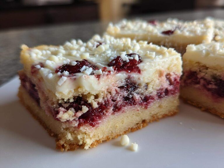 A close-up slice of cranberry bliss bars showing the cake base, tart cranberry filling, and white chocolate frosting with sprinkles.