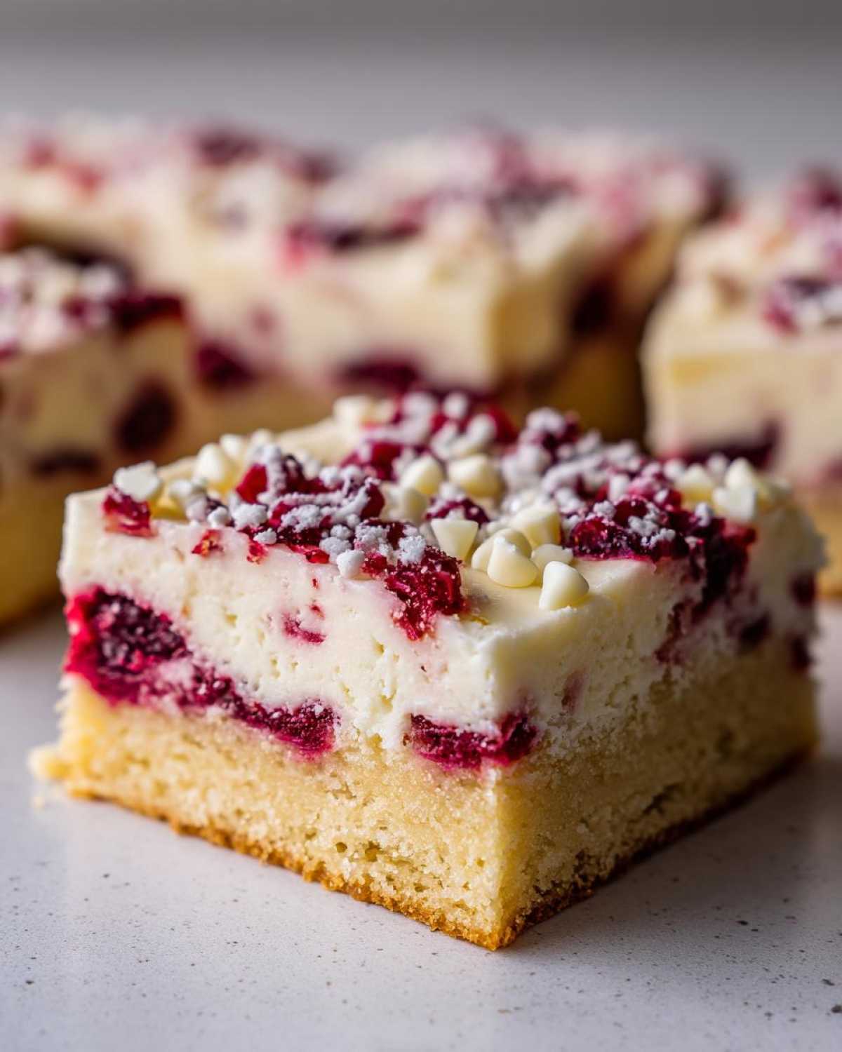A single, thick slice of cranberry bliss bars showing a golden crust, creamy white layer with bright red cranberries, topped with white chocolate chips.
