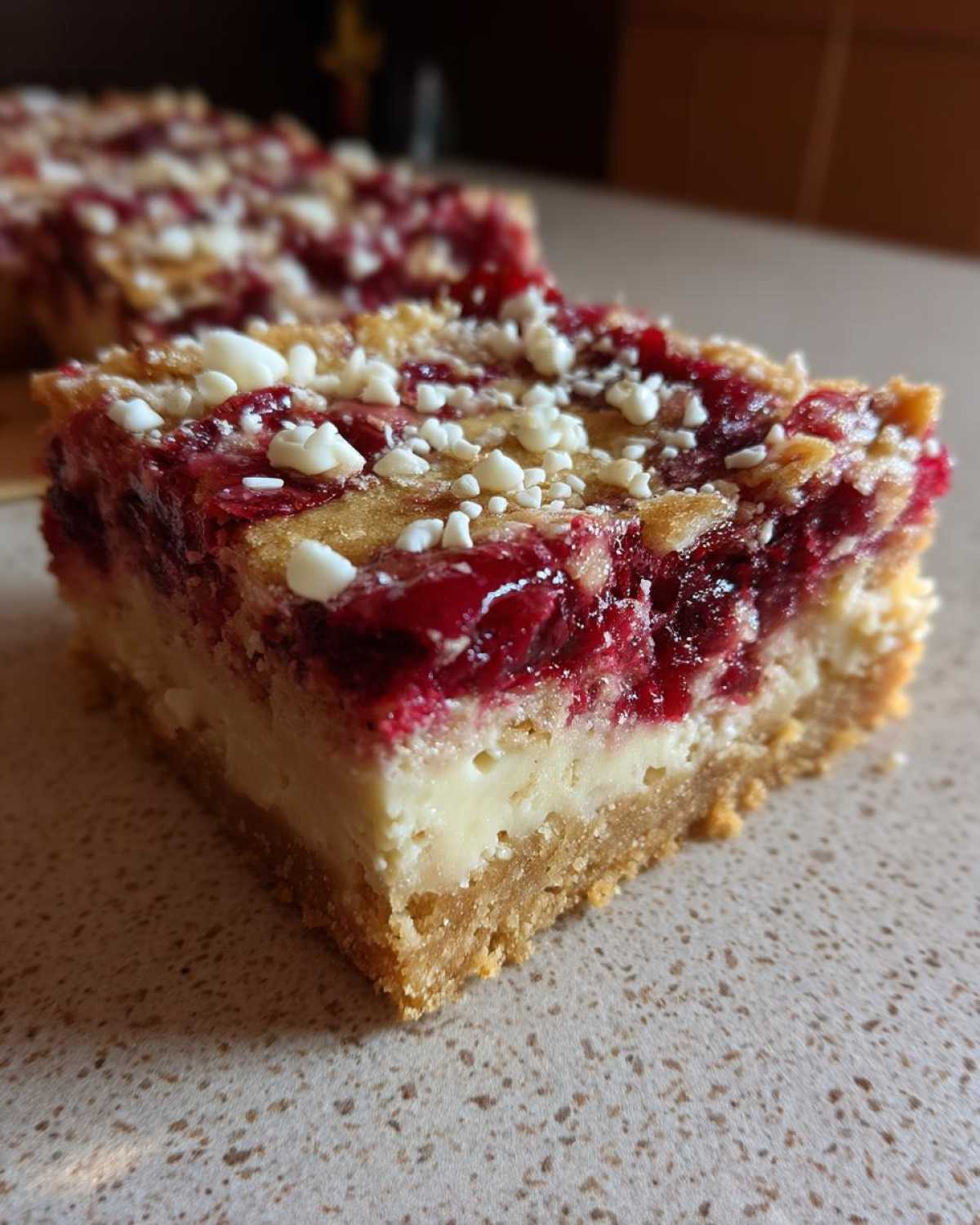 A thick slice of cranberry bliss bars showing a graham cracker crust, creamy filling, and bright red cranberry topping with white chocolate chips.