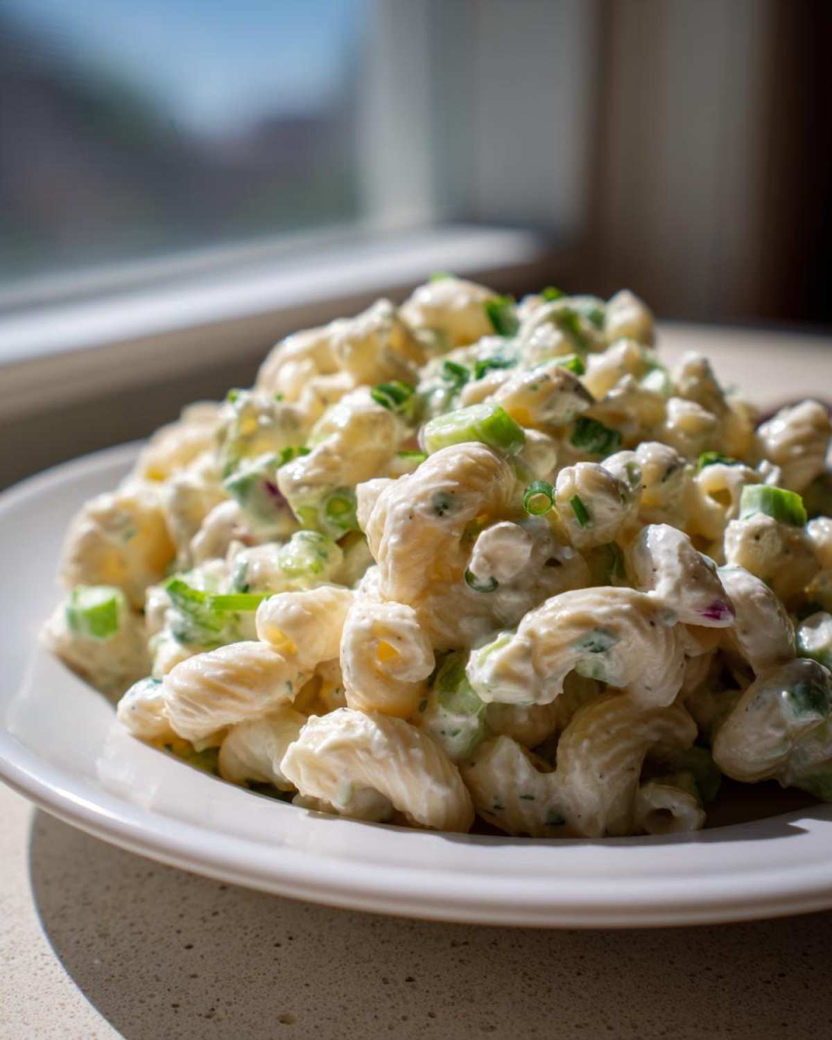 Close-up of creamy Amish macaroni salad featuring elbow macaroni coated in a rich dressing with visible celery and green onions.