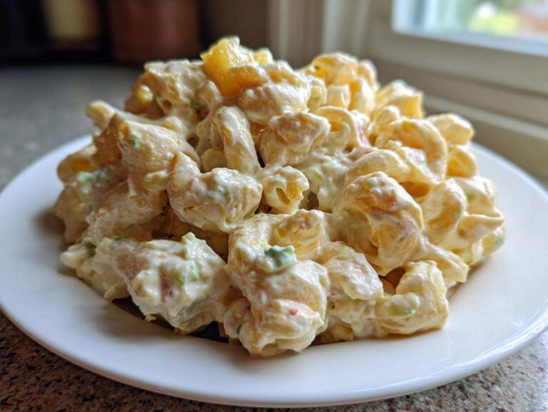 A generous serving of creamy Amish macaroni salad piled high on a white plate, featuring elbow macaroni coated in a rich dressing.
