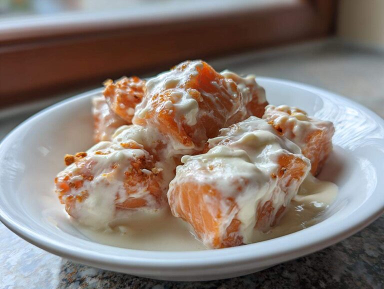 Close-up of crispy, orange Bang Bang Salmon Bites generously drizzled with creamy white sauce in a small white bowl.