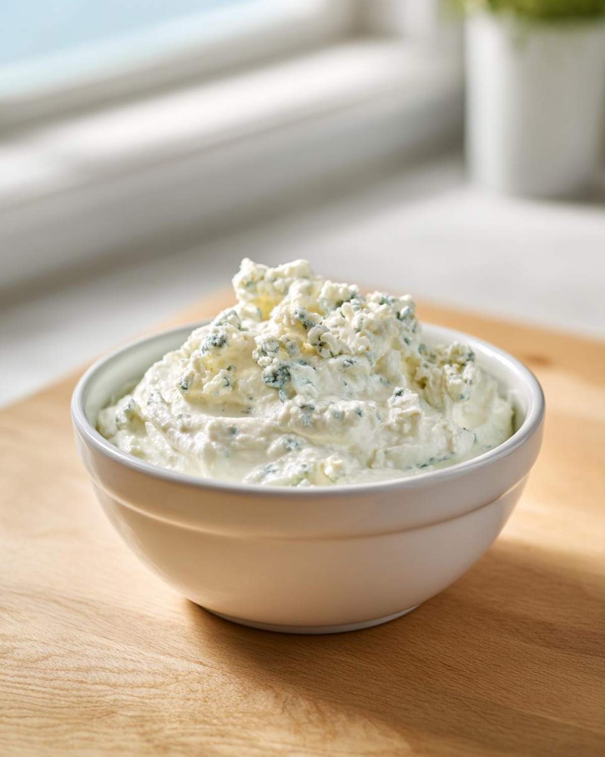 A creamy bowl of homemade blue cheese dip topped with crumbles, sitting on a wooden surface.