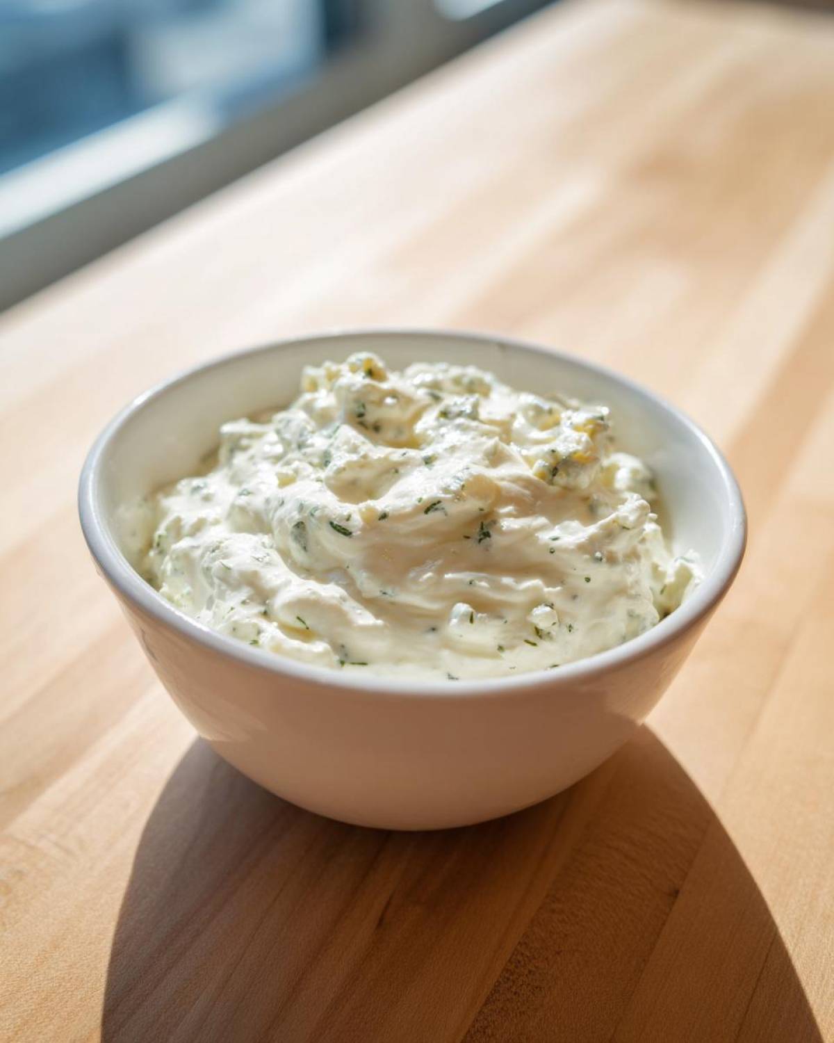 A white bowl filled with creamy, herbed blue cheese dip sits on a light wooden surface.