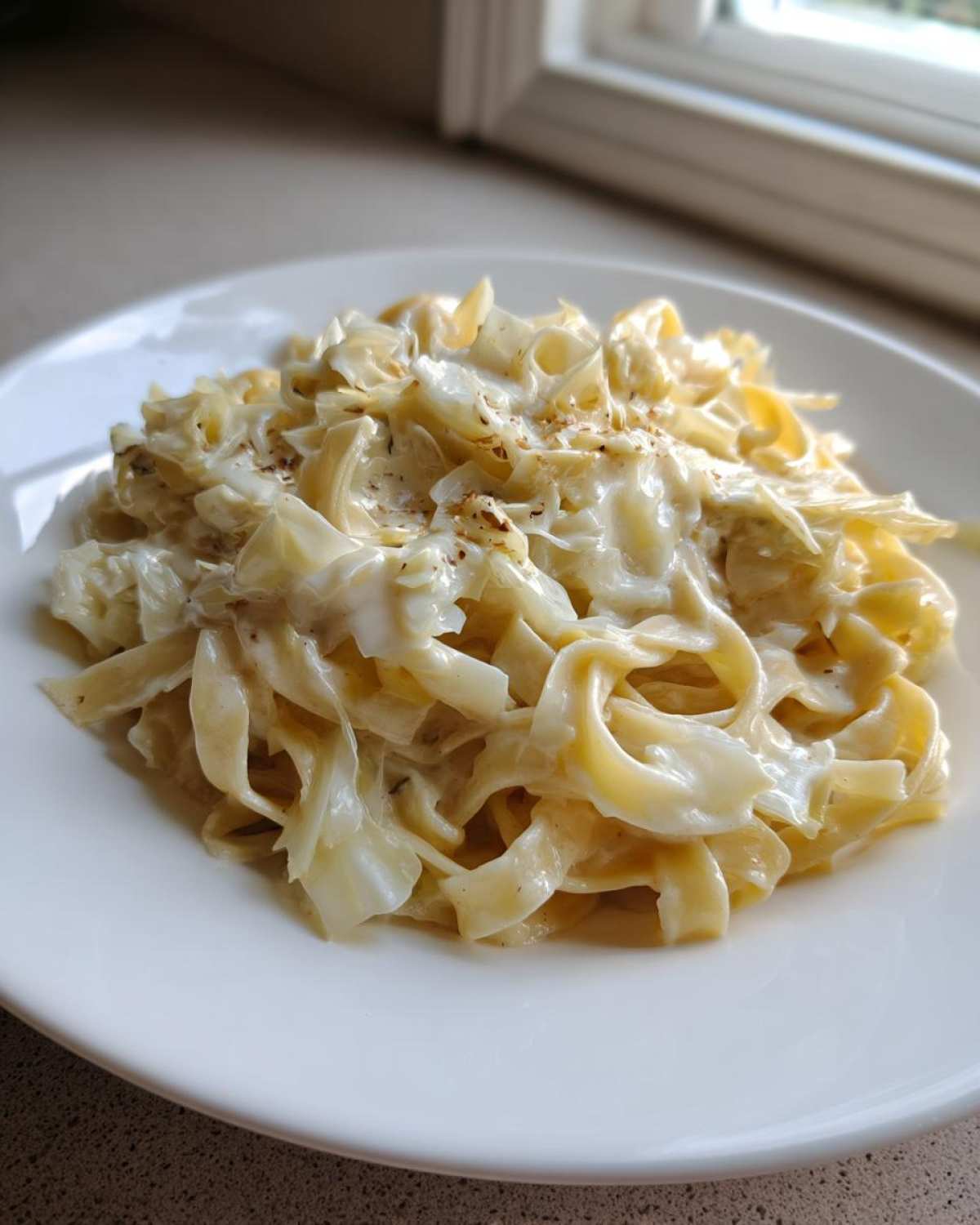 A close-up of creamy fettuccine mixed with shredded cabbage, part of the Cabbage Alfredo Pasta Recipe.