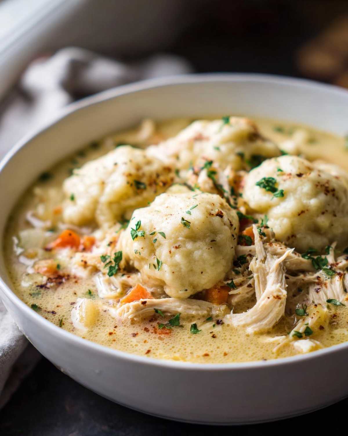 Close-up of a hearty bowl of creamy chicken and dumpling soup, topped with parsley.