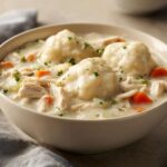 Close-up of a creamy bowl of chicken and dumpling soup, featuring tender shredded chicken, carrots, and fluffy dumplings.