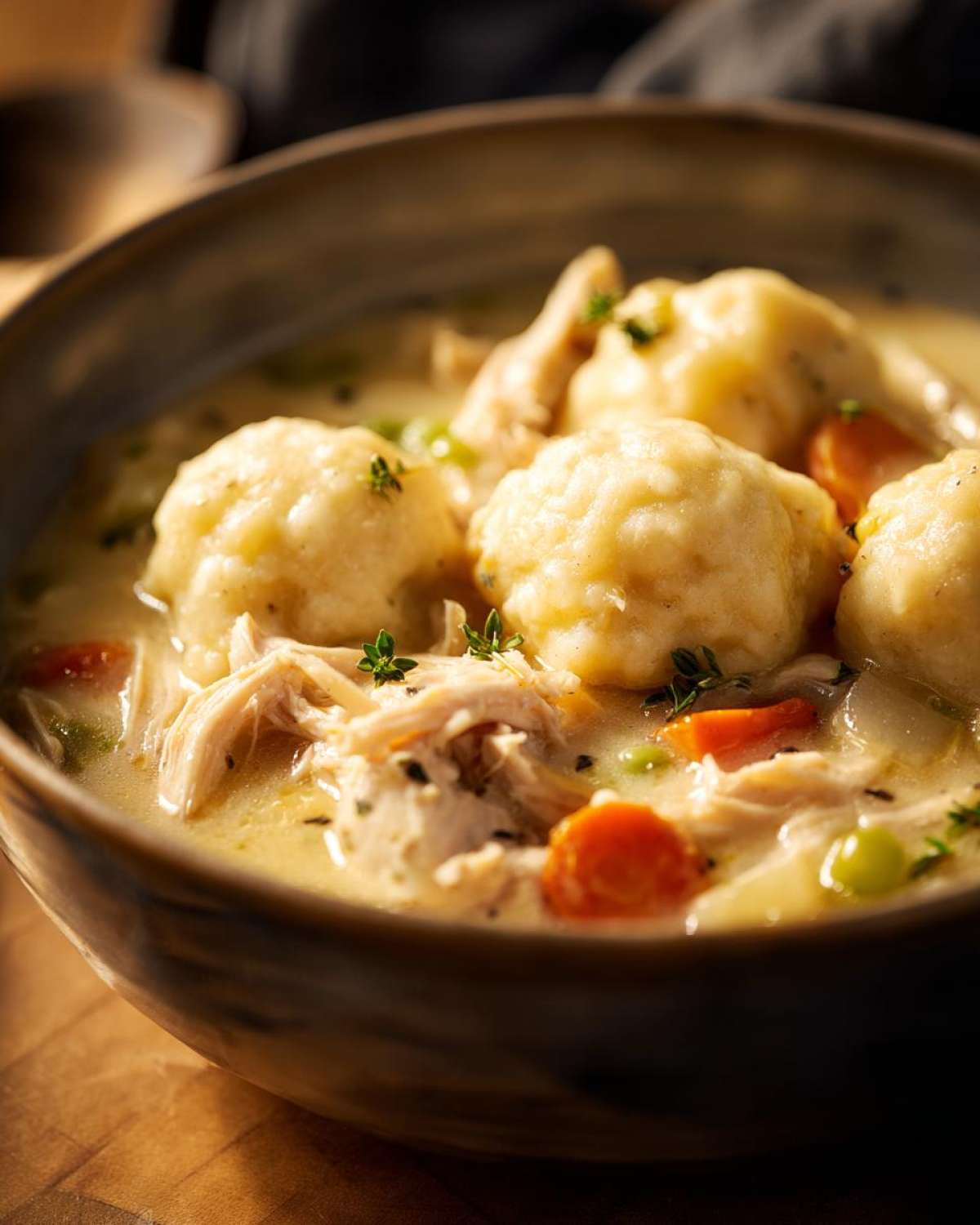 A close-up view of a hearty bowl of creamy chicken and dumpling, featuring shredded chicken, carrots, and fluffy dumplings.