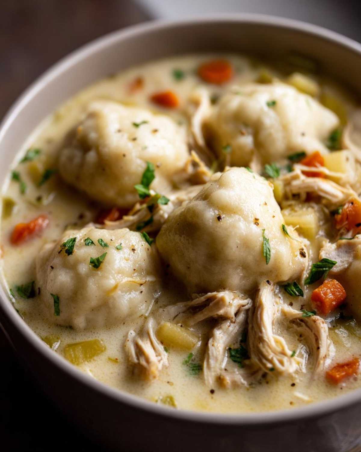 A close-up shot of a bowl filled with creamy chicken and dumpling soup, featuring fluffy dumplings and shredded chicken.