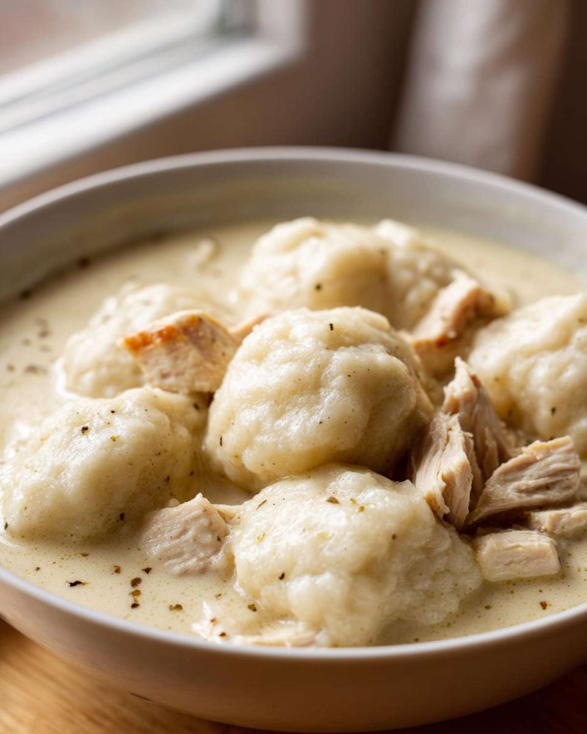A close-up shot of fluffy dumplings and shredded chicken in a creamy sauce, showcasing the delicious chicken and dumplings.