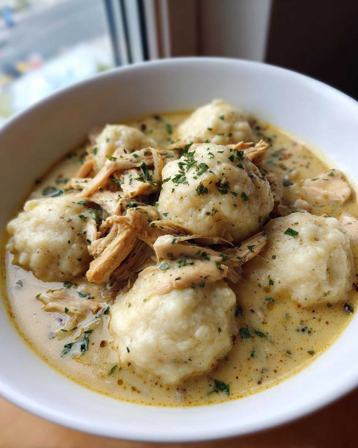 Close-up of a white bowl filled with creamy chicken and dumplings, topped with shredded chicken and fresh parsley.