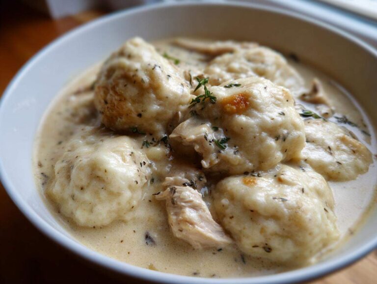Close-up of fluffy dumplings and shredded chicken in a creamy sauce, featuring fresh herbs, a perfect bowl of chicken and dumplings.