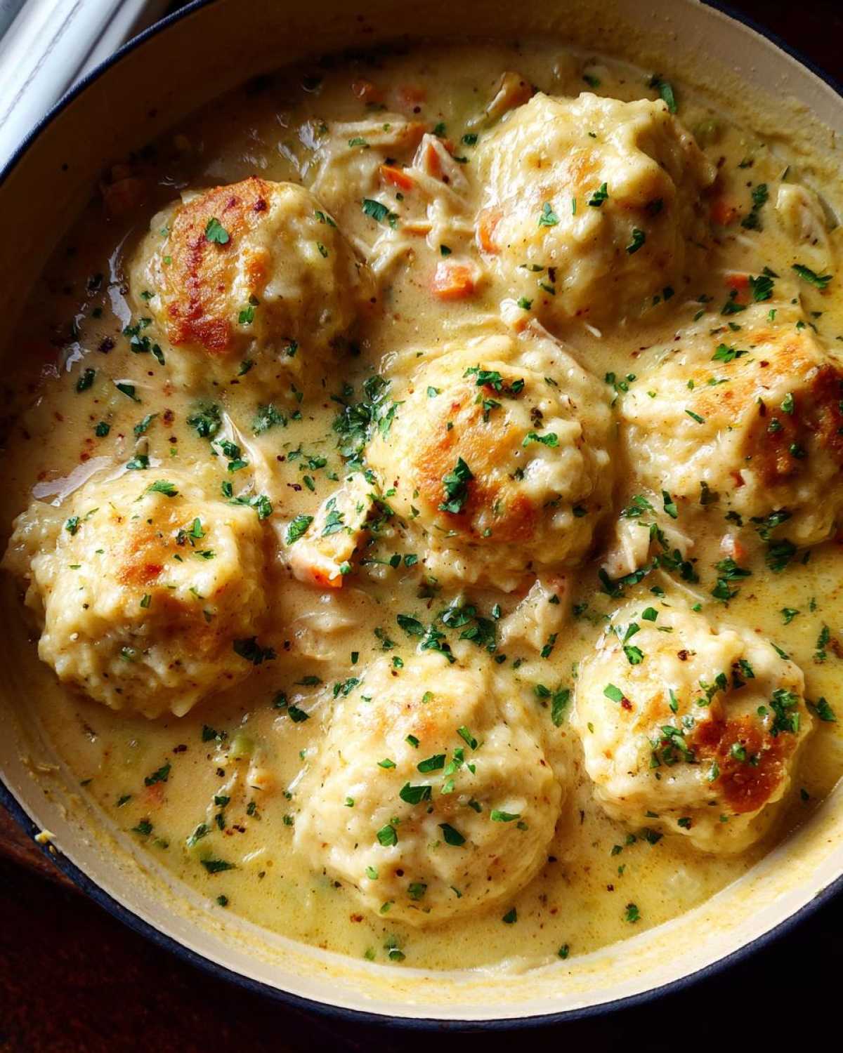 A close-up overhead view of rich, creamy chicken and dumplings topped with fresh parsley in a Dutch oven.