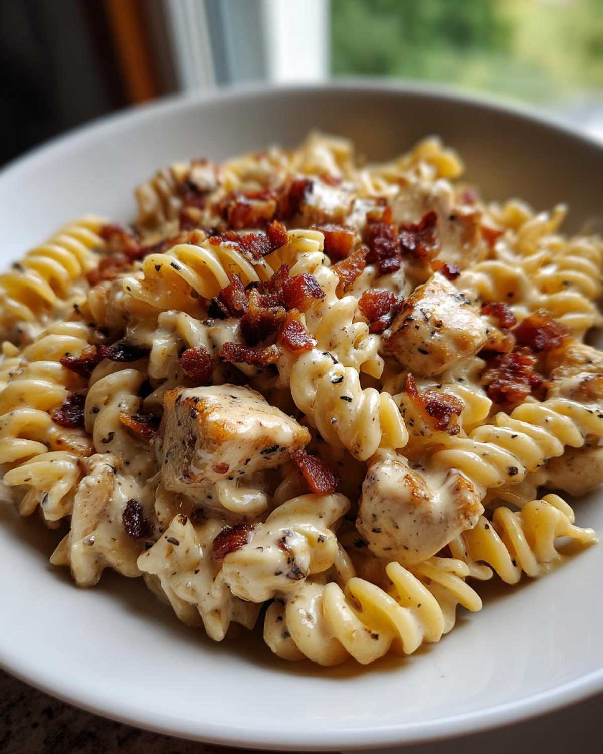 Close-up of creamy chicken bacon ranch pasta featuring rotini noodles, chunks of chicken, and crispy bacon bits.