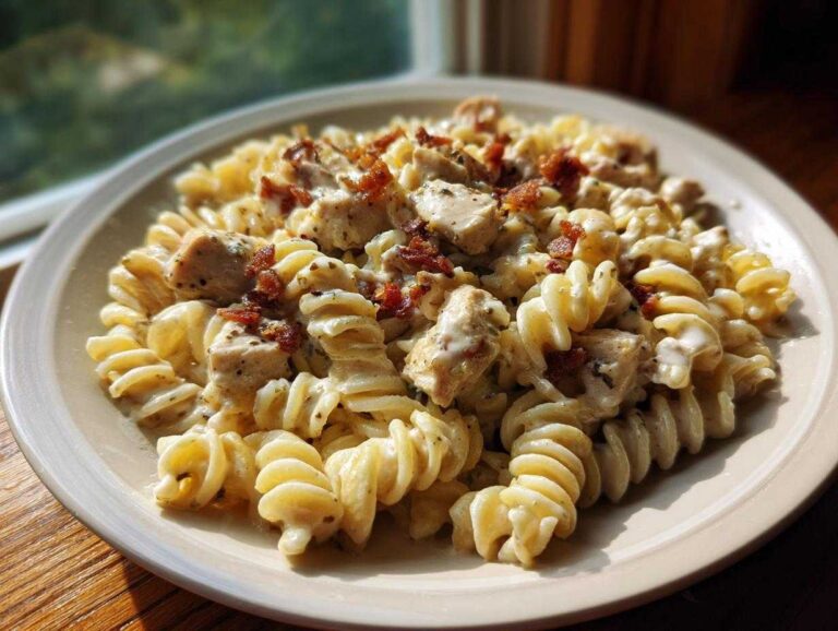A close-up of creamy chicken bacon ranch pasta made with rotini noodles, chunks of chicken, and bacon bits.