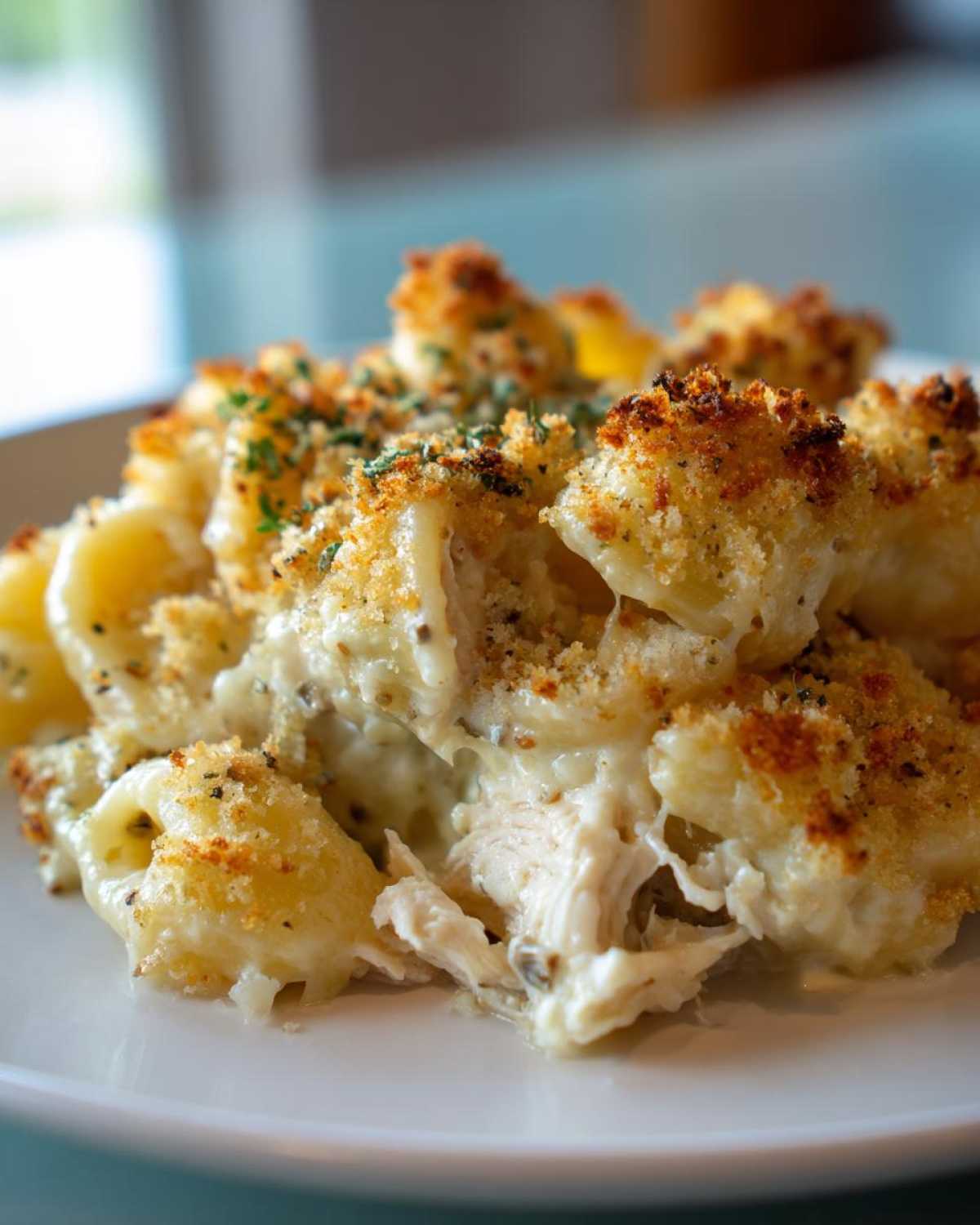 Close-up of a creamy chicken pasta bake showing shredded chicken and a golden, crispy breadcrumb topping.