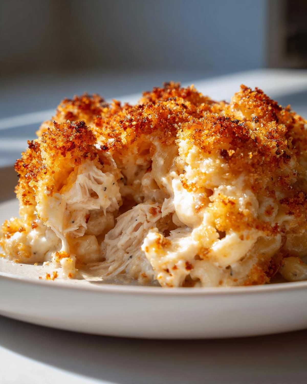 A scoop of creamy chicken pasta bake showing shredded chicken and a golden, crispy breadcrumb topping.