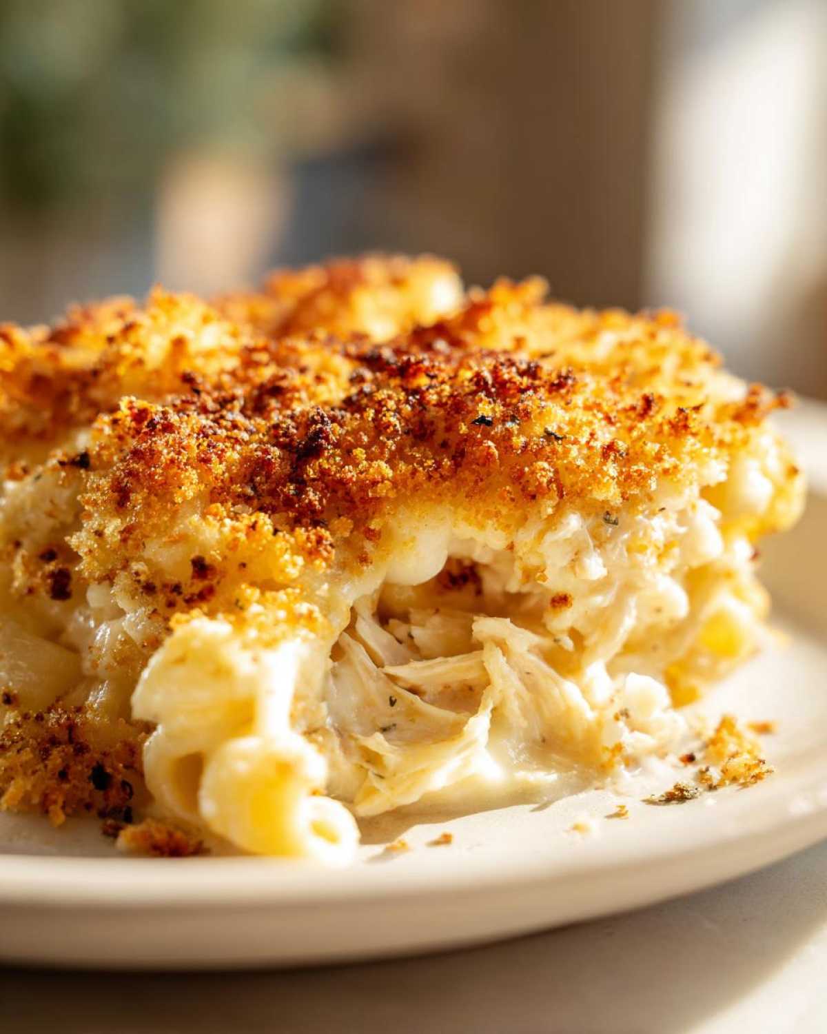 Close-up of a serving of creamy chicken pasta bake showing shredded chicken and a golden, crispy breadcrumb topping.