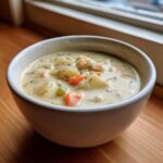 Close-up of a white bowl filled with thick, creamy clam chowder slow cooker soup, showing chunks of potato and carrot.