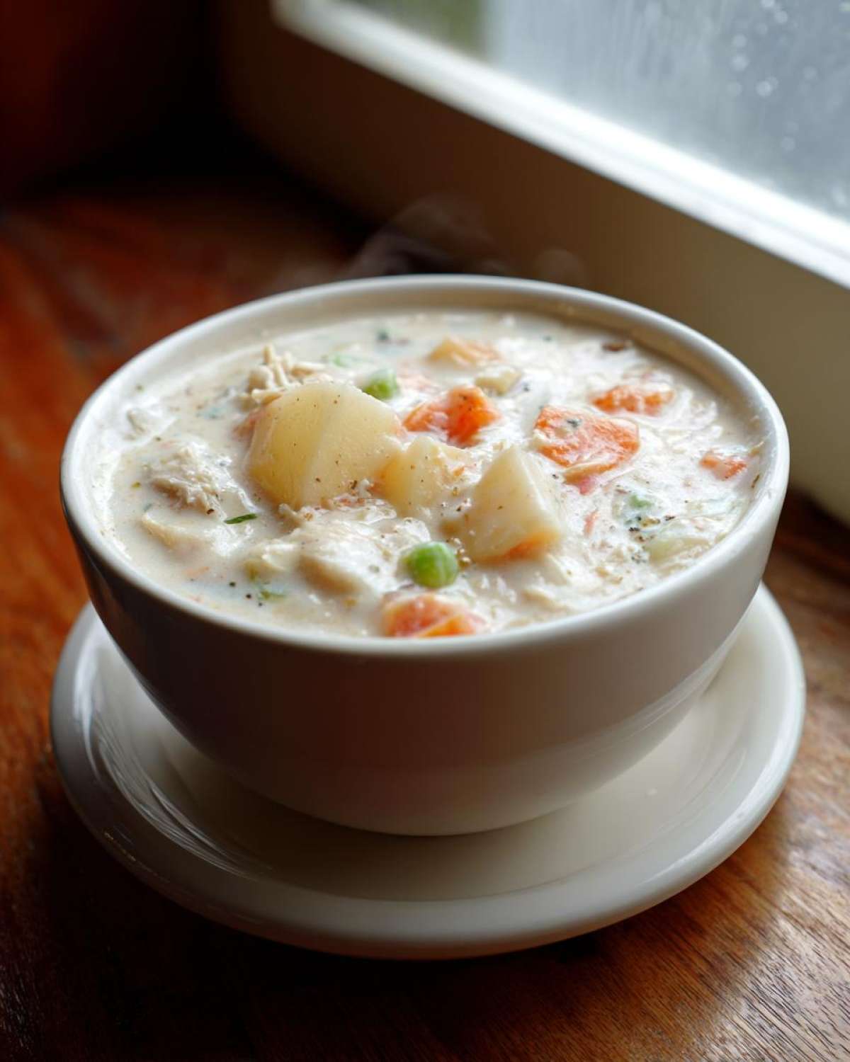 A steaming white bowl filled with rich Creamy Clam Chowder Slow Cooker, featuring potatoes, carrots, and peas.