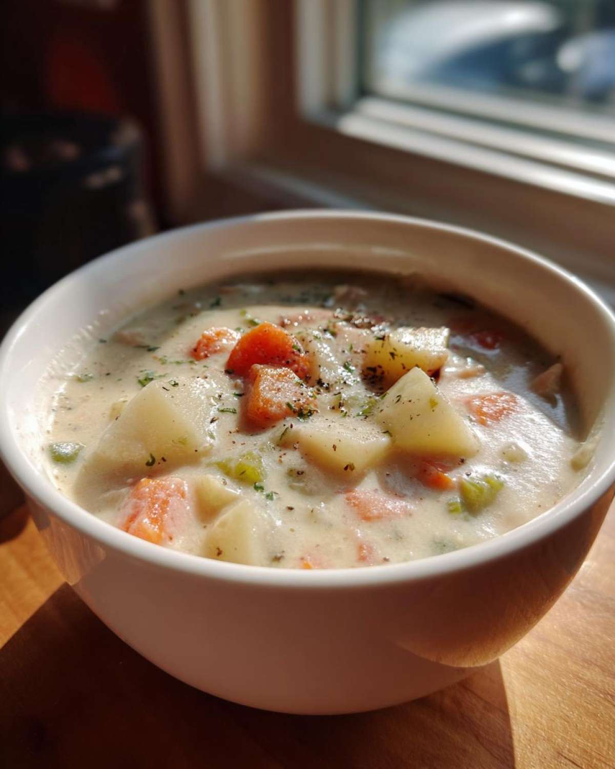 Close-up of a white bowl filled with hearty Creamy Clam Chowder Slow Cooker, showing chunks of potato and carrot.