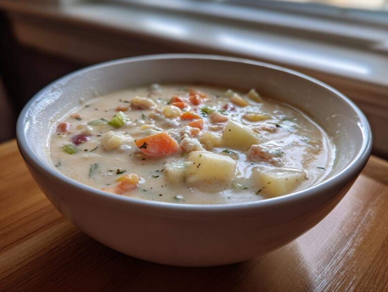 A close-up of a white bowl filled with thick, creamy clam chowder, featuring chunks of potato, carrot, and celery.