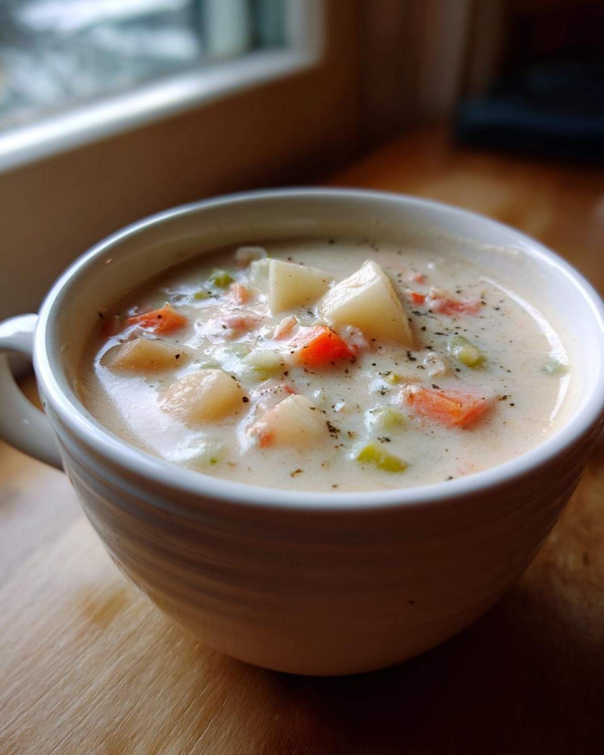 A close-up of a white mug filled with thick, creamy clam chowder slow cooker, featuring chunks of potato and carrot.