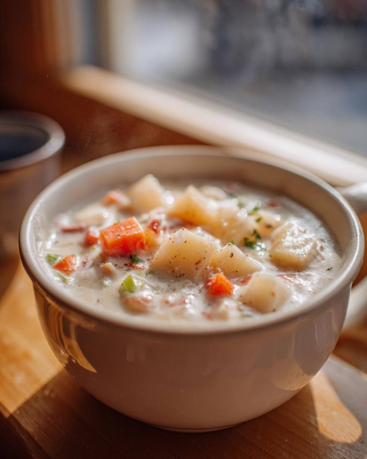 A steaming white bowl filled with rich Creamy Clam Chowder Slow Cooker, showing chunks of potato and carrot.