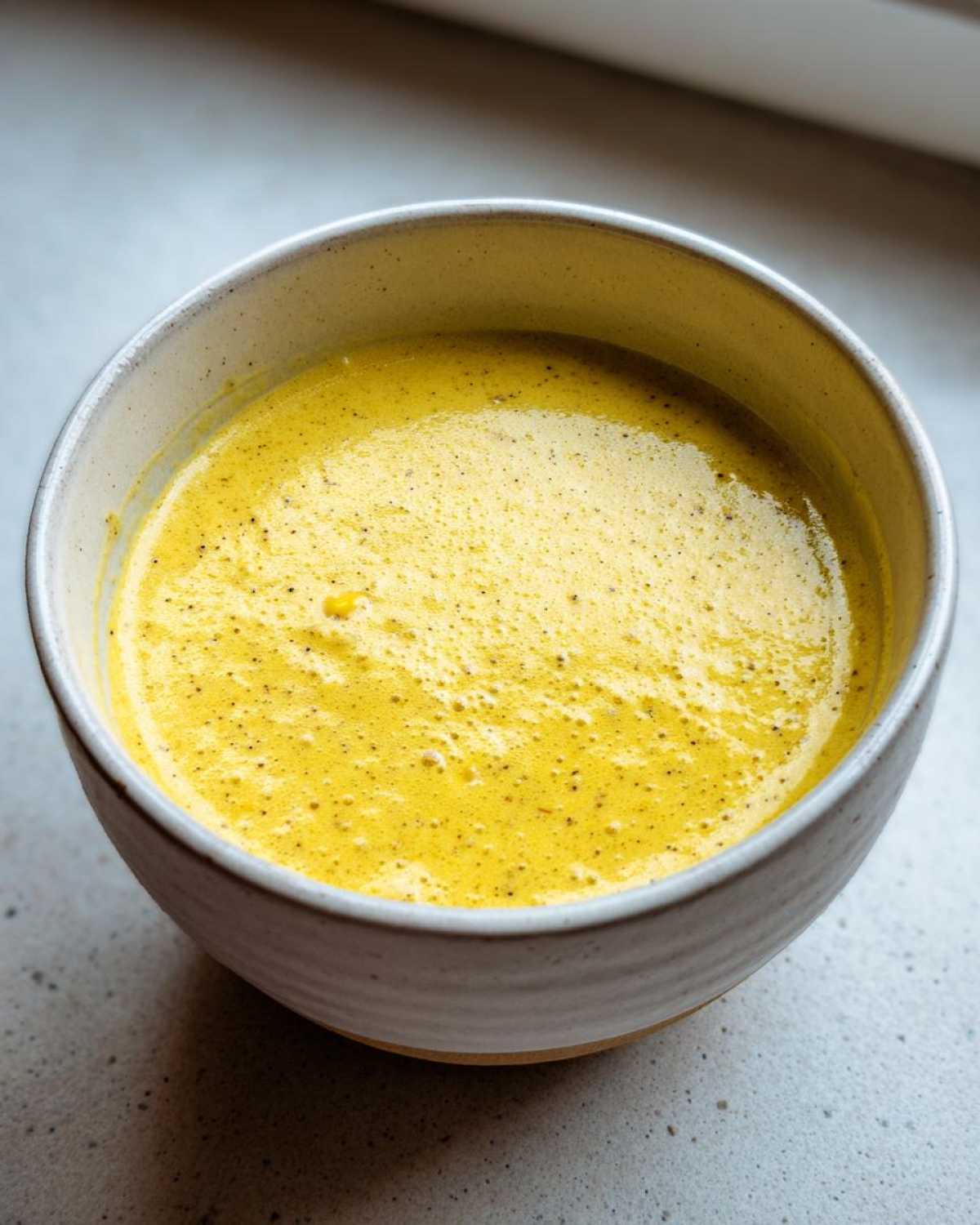 Close-up of a bowl filled with vibrant, creamy corn soup, showing a slightly frothy texture.