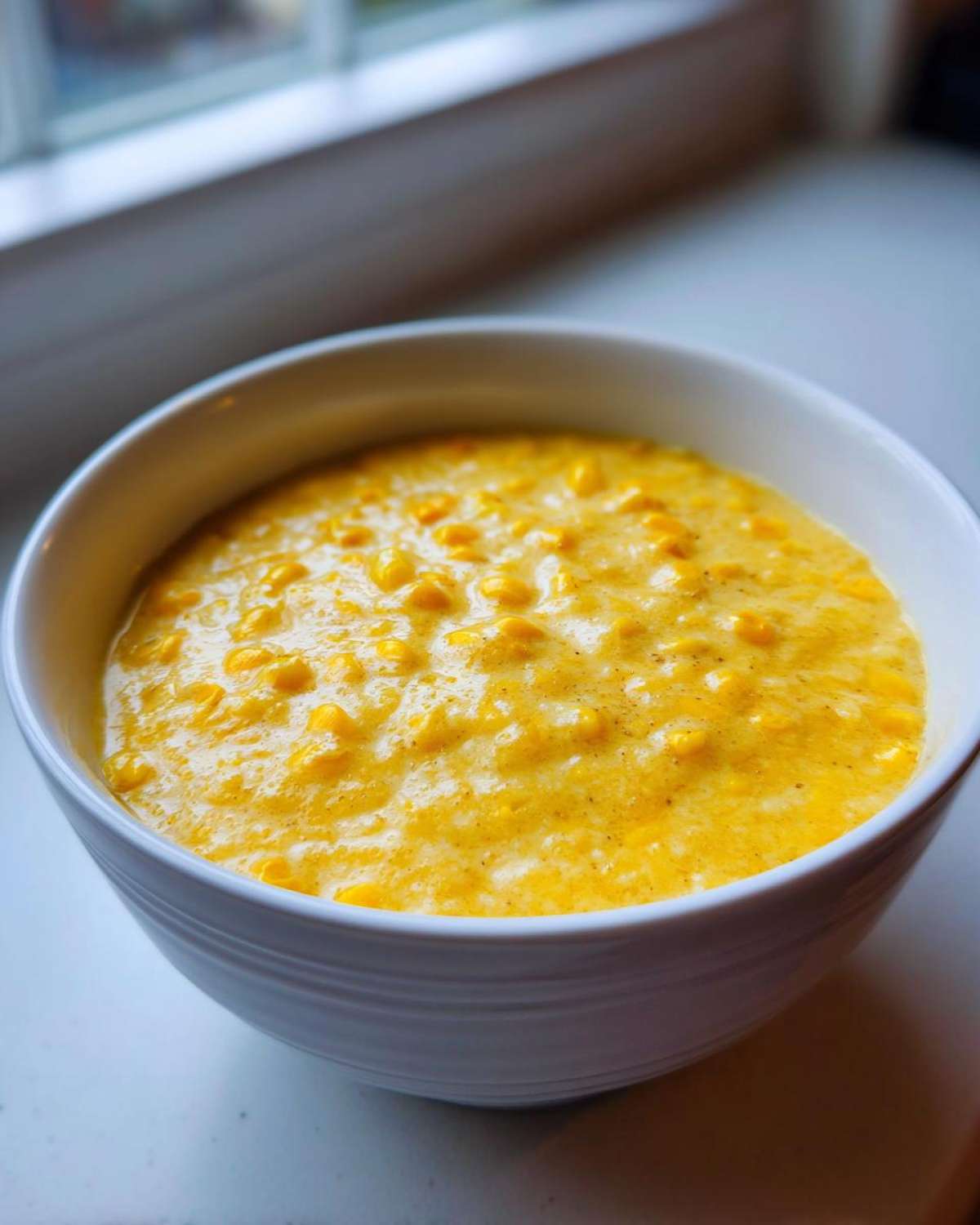 A close-up of a white bowl filled with creamy, bright yellow corn soup, featuring whole corn kernels.