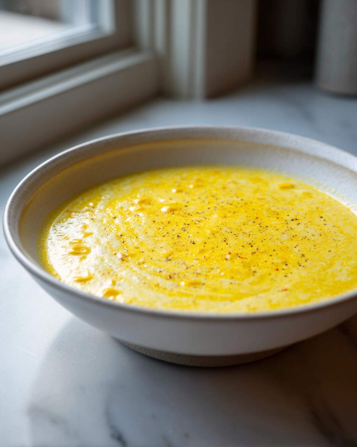 Close-up of a creamy yellow corn soup, garnished with cracked black pepper, served in a rustic white bowl.