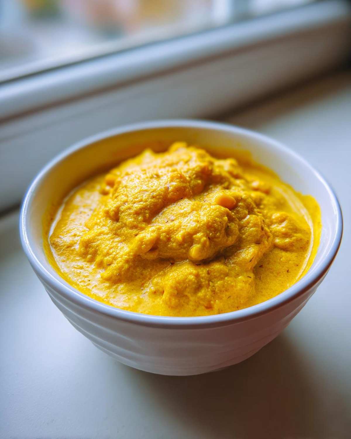 A close-up of thick, vibrant yellow creamy corn soup served in a white bowl near a window.