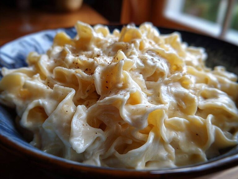 Amazing 16g Protein cottage cheese alfredo Close-up of creamy cottage cheese alfredo sauce coating ruffled egg noodles, topped with black pepper.