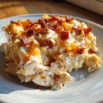A generous serving of creamy crack chicken casserole topped with melted cheddar cheese and crispy bacon bits.