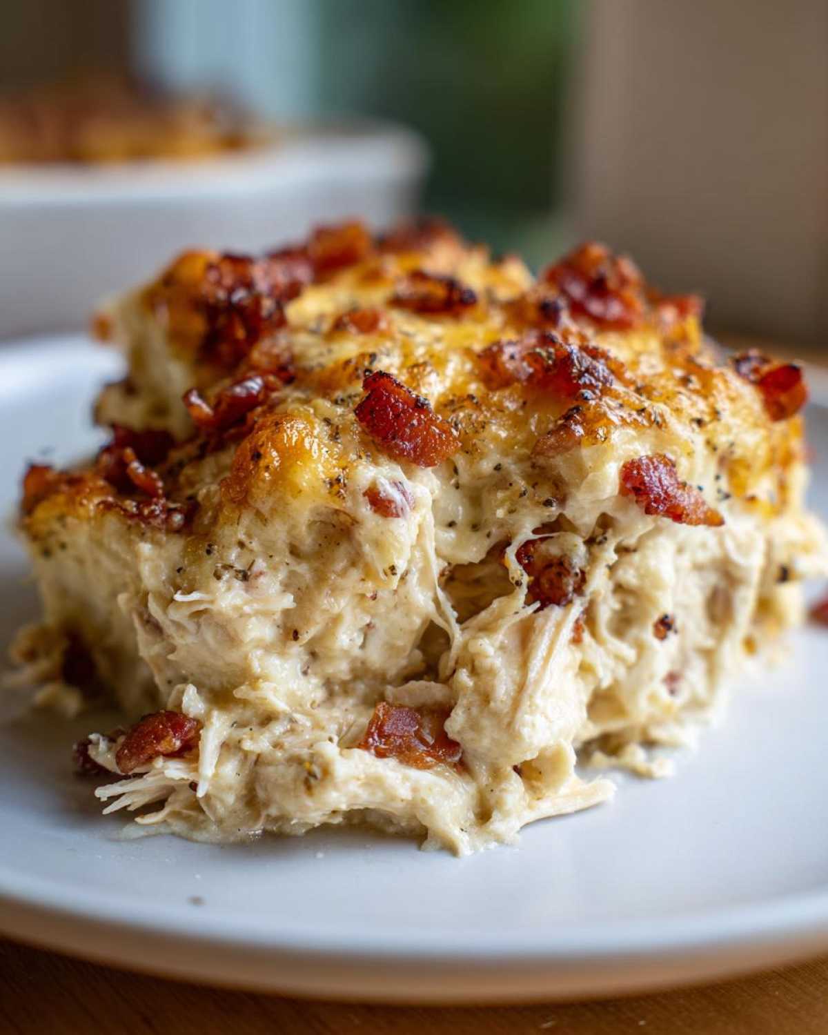 Close-up of a generous serving of creamy crack chicken casserole topped with melted cheese and crispy bacon bits.