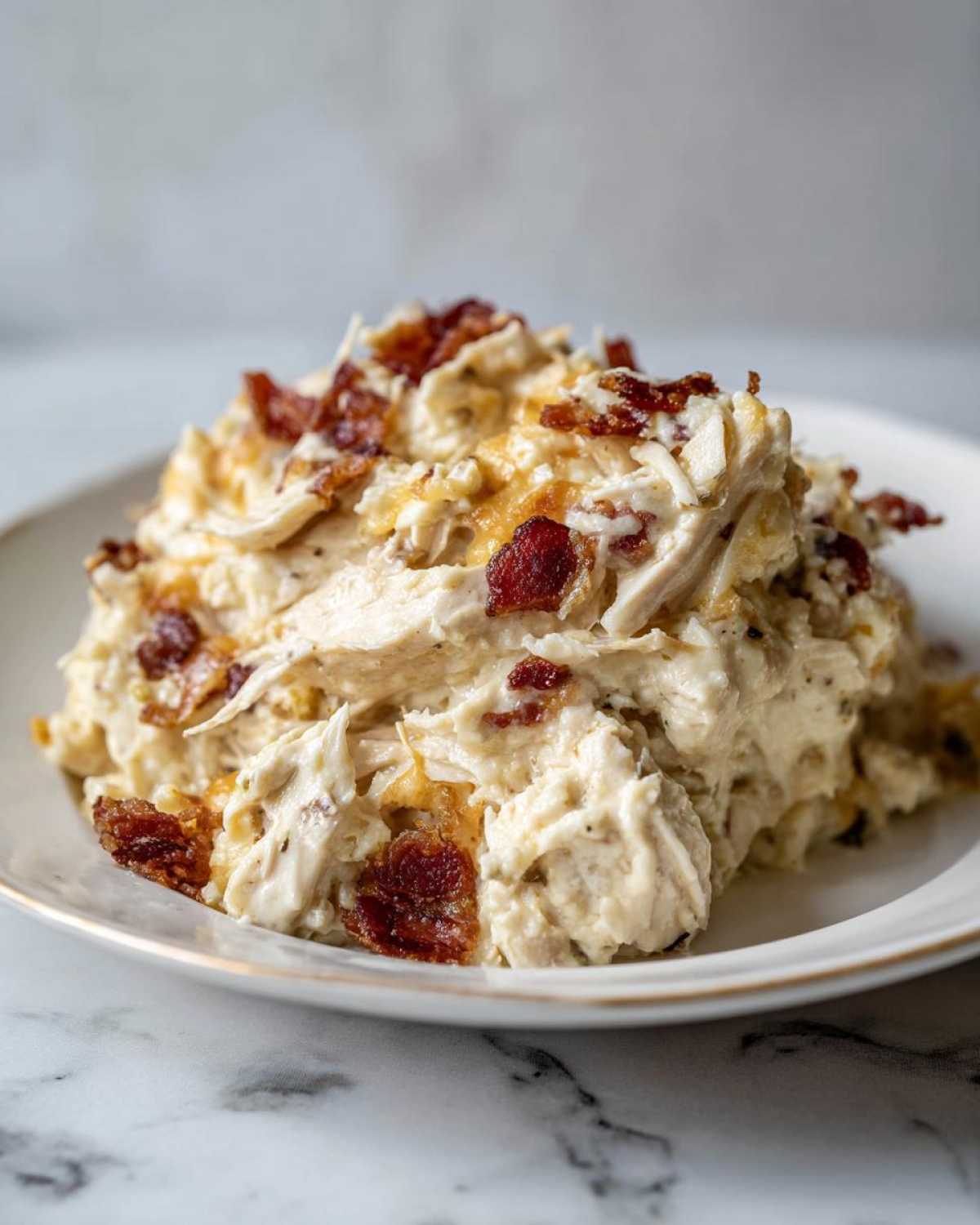 A scoop of creamy crack chicken casserole topped with crispy bacon bits served on a white plate.