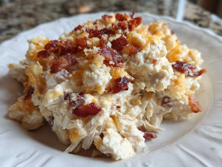 A serving of creamy crack chicken casserole topped with shredded cheddar cheese and crispy bacon bits on a white plate.
