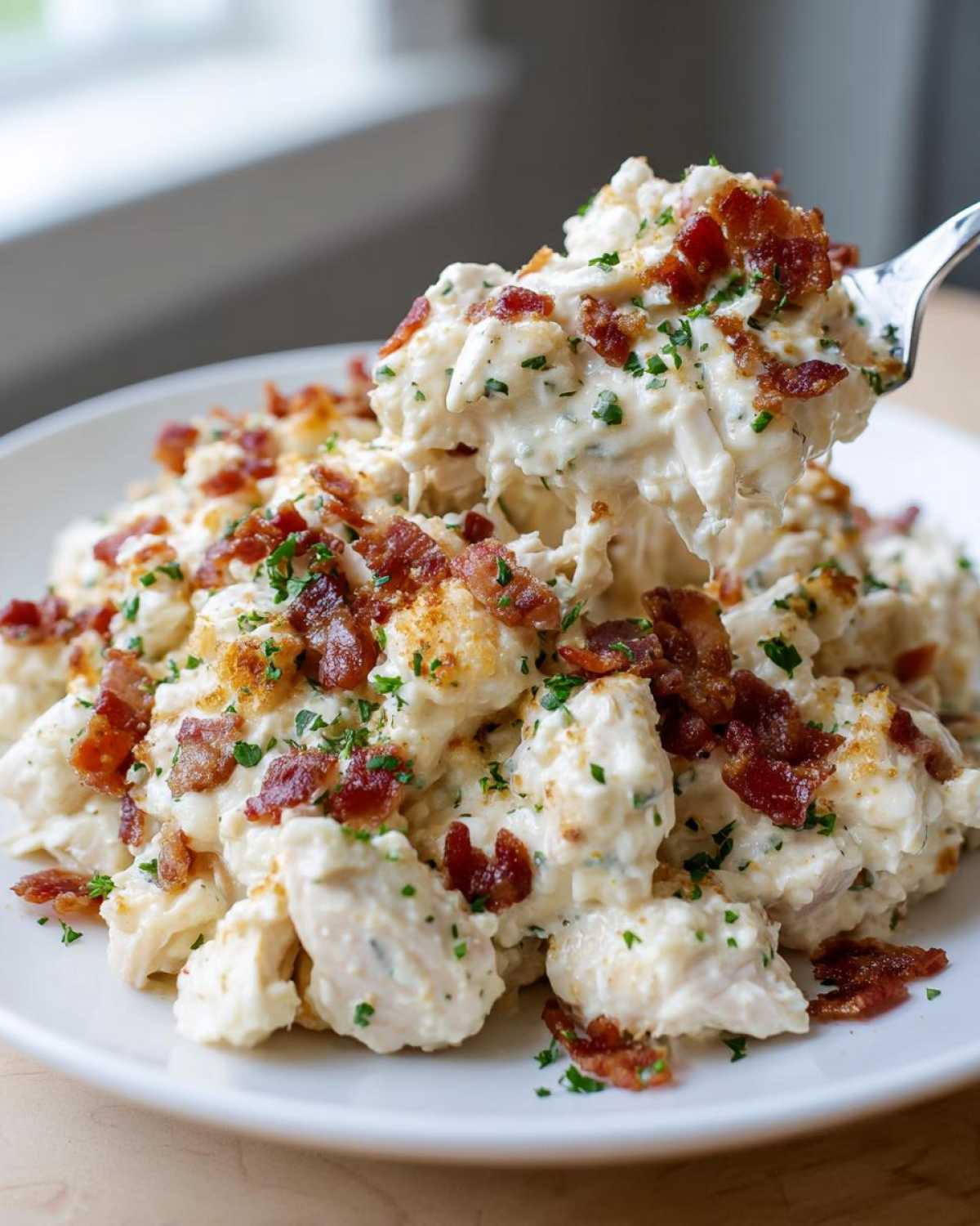 A fork lifts a generous portion of creamy crack chicken casserole topped with crispy bacon bits and parsley.