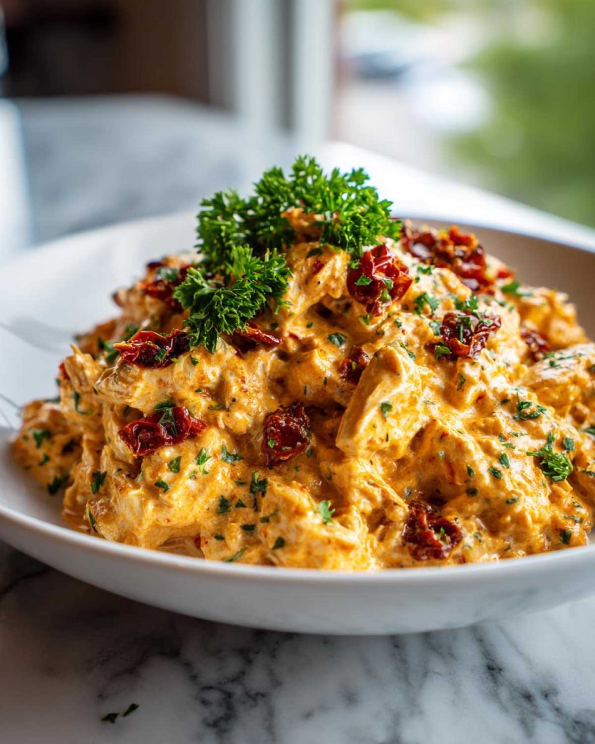 A close-up of creamy crockpot marry me chicken topped with sun-dried tomatoes and fresh parsley.