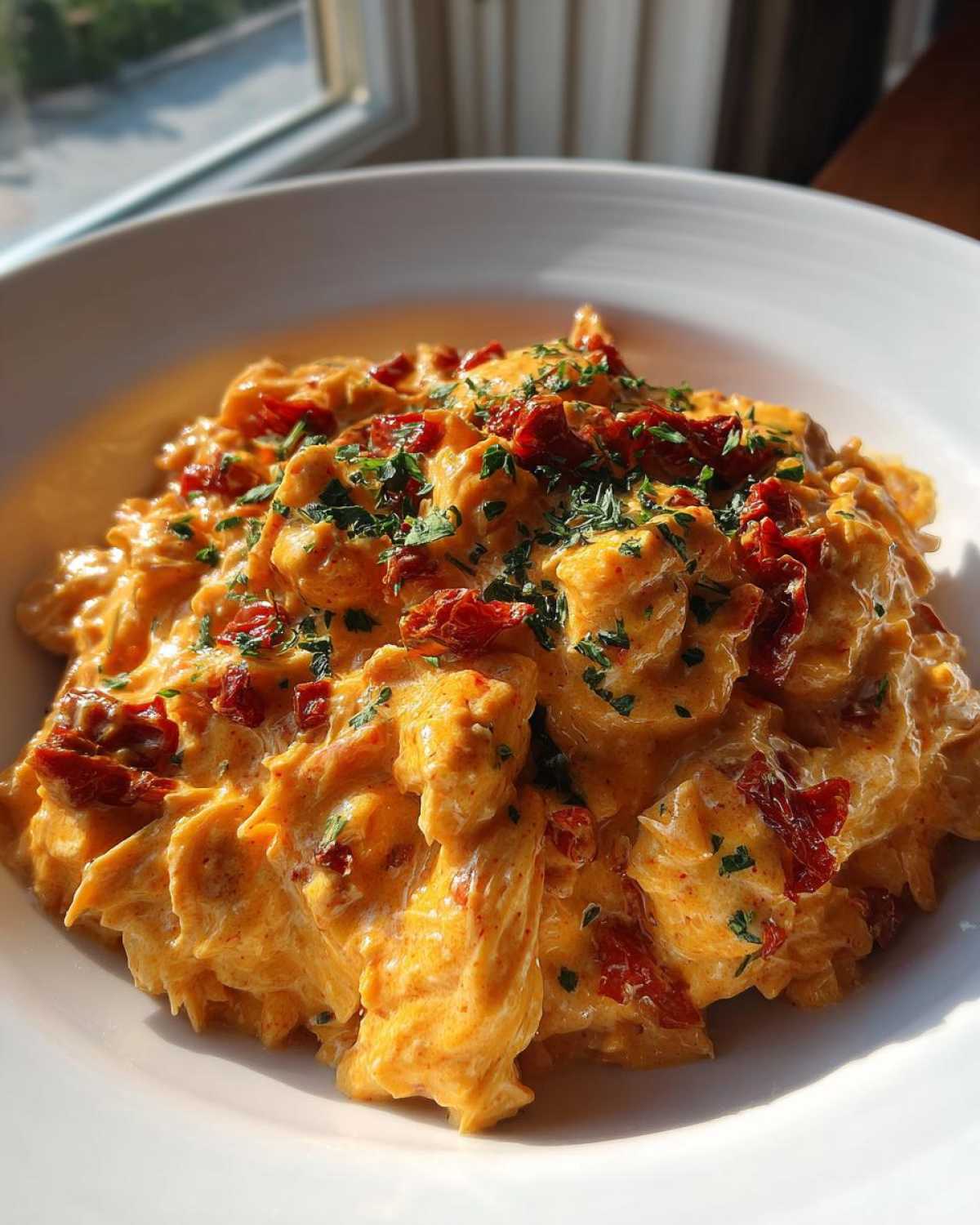 Close-up of creamy crockpot marry me chicken topped with sun-dried tomatoes and fresh parsley in a white bowl.