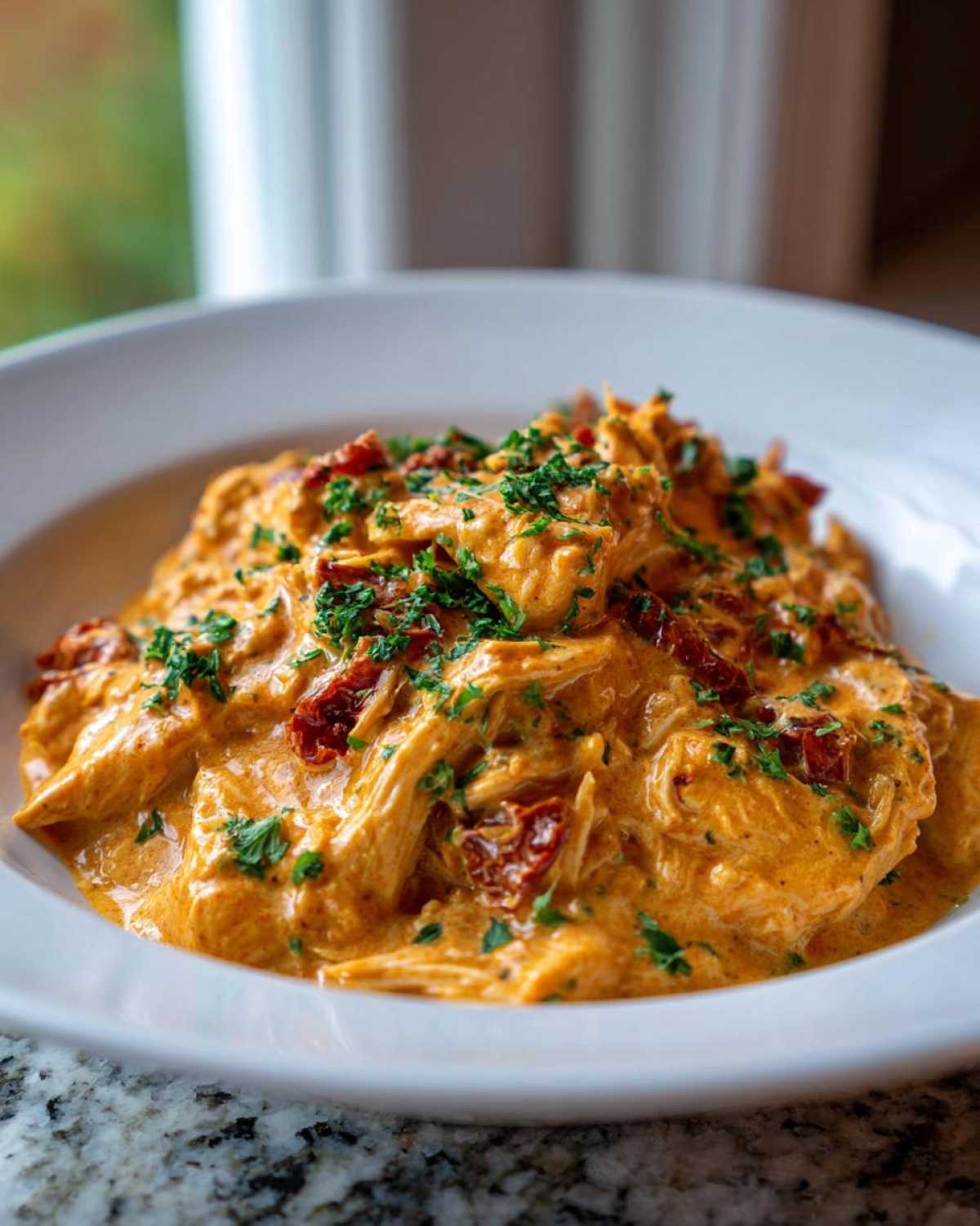 Shredded chicken in a rich, creamy sauce with sun-dried tomatoes, garnished with parsley, ready to eat crockpot marry me chicken.