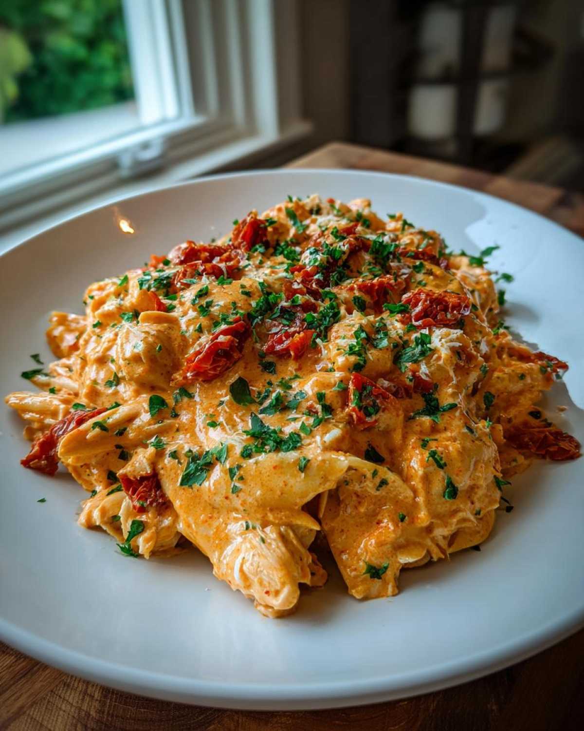 A close-up of shredded chicken coated in creamy sauce, topped with sun-dried tomatoes and parsley, representing crockpot marry me chicken.