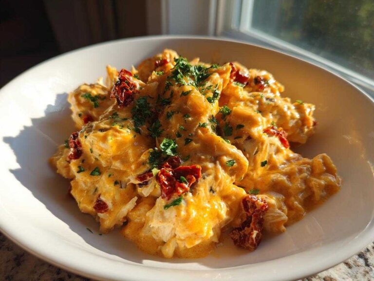 A close-up of creamy crockpot marry me chicken topped with sun-dried tomatoes and fresh parsley in a white bowl.