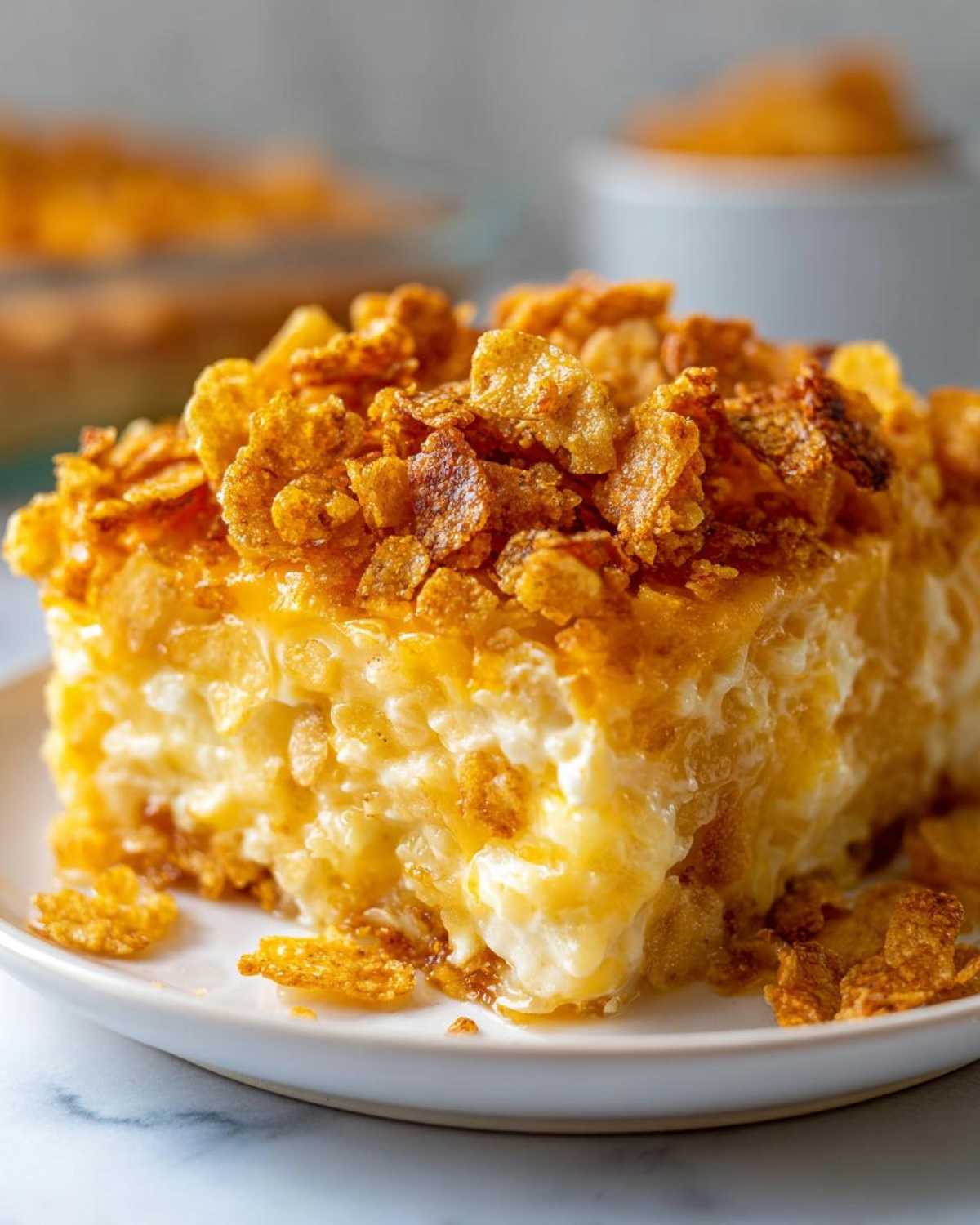 A close-up of a creamy slice of funeral potatoes recipe topped with golden, crispy corn flakes.