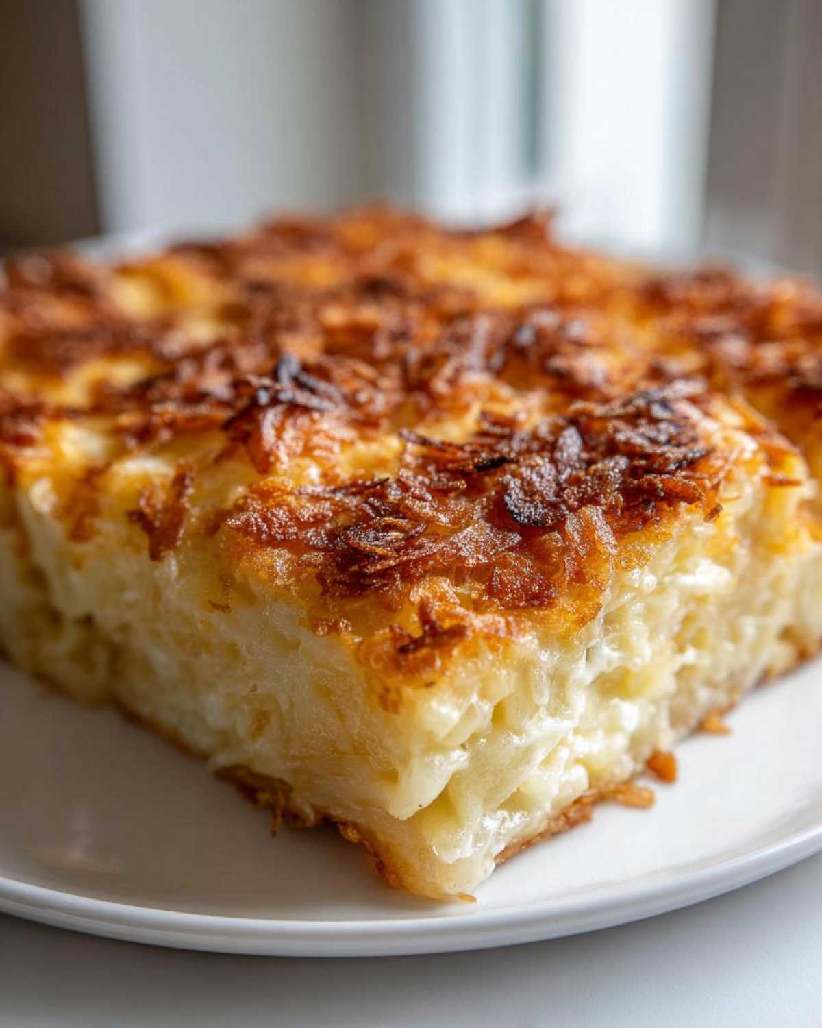 A close-up of a square slice of creamy funeral potatoes recipe with a golden, crispy fried onion topping.
