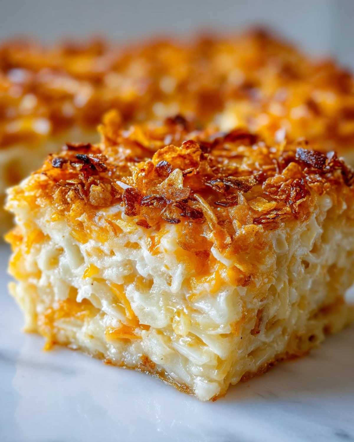 A close-up, macro shot of a square serving of creamy funeral potatoes recipe topped with crispy, golden fried onions.